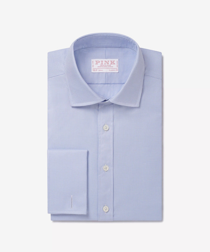Blue & White Classic Fit Double Cuff Micro Puppytooth Formal Shirt