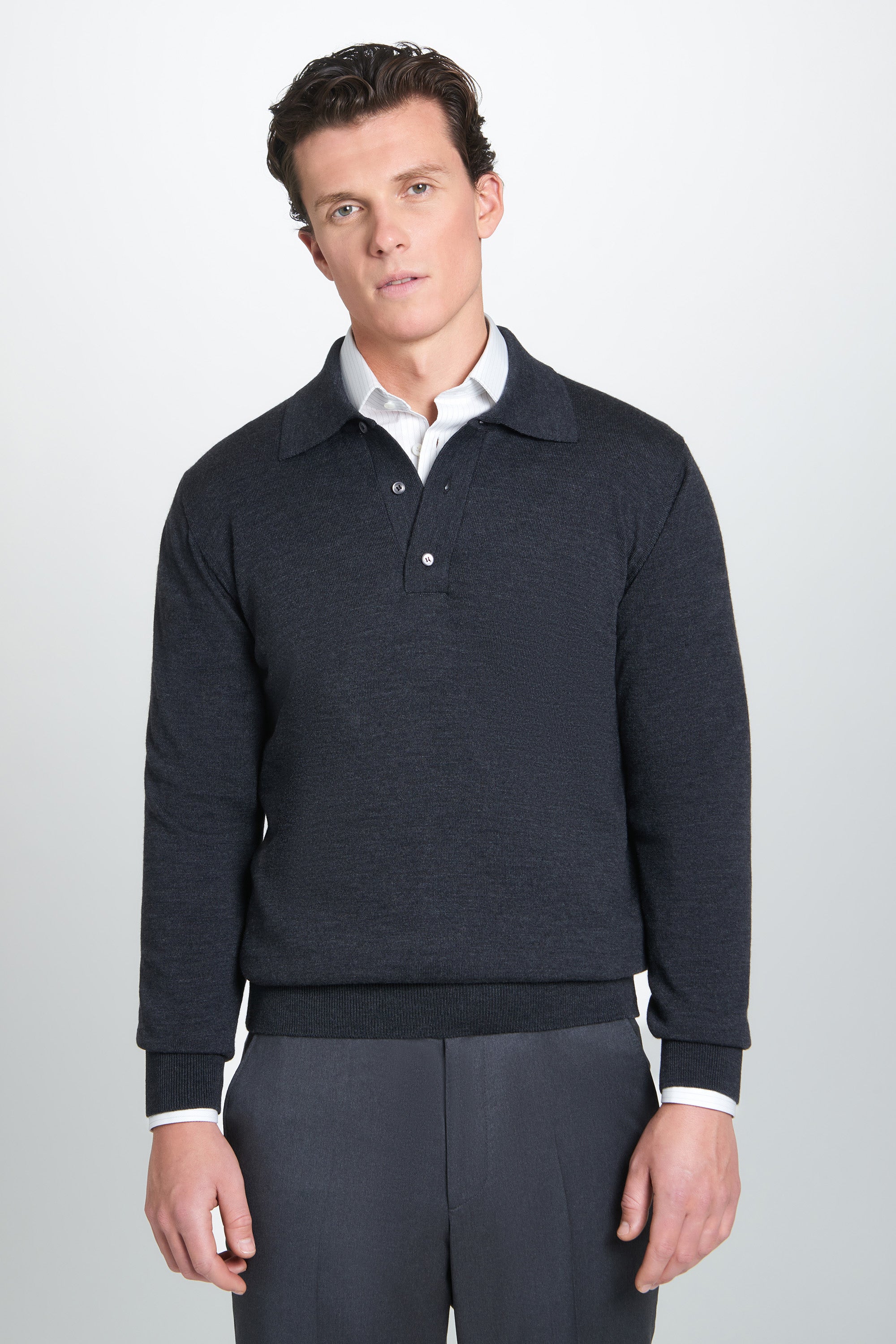 Grey Merino Wool Long Sleeve Polo Shirt