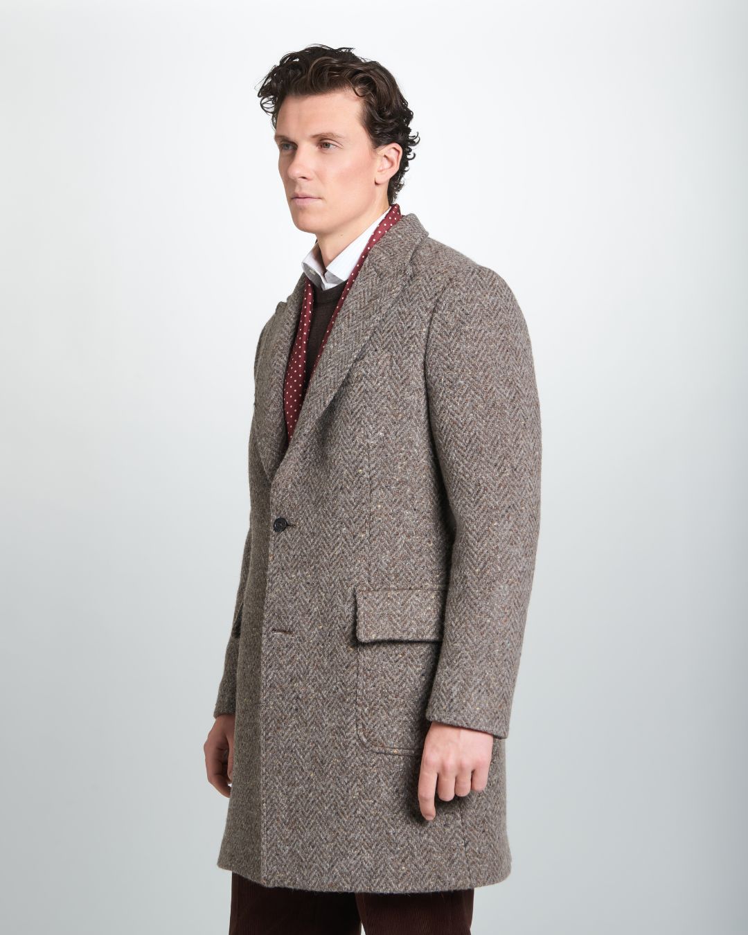 Brown British Wool Herringbone Peak Lapel Overcoat