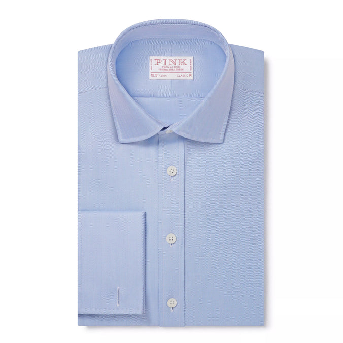 Pale Blue Classic Fit Double Cuff Twill Herringbone Formal Shirt