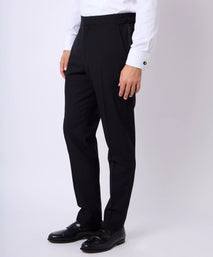 Black Tailored Fit Merino Wool Flat Front Evening Trousers